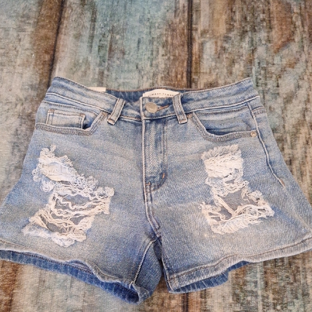 🔥🔥CLEARANCE🔥🔥 ALMOST FAMOUS Blue Jean Shorts with Distressed Hem. Size 0